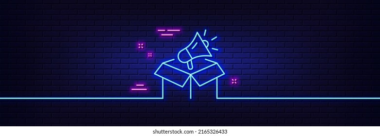 Neon light glow effect. Megaphone box line icon. Advertisement device symbol. Brand ambassador sign. 3d line neon glow icon. Brick wall banner. Megaphone box outline. Vector