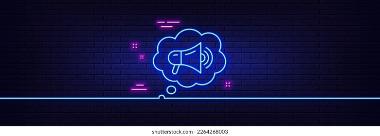 Neon light glow effect. Megaphone line icon. Advertisement device symbol. Brand ambassador speech bubble sign. 3d line neon glow icon. Brick wall banner. Megaphone outline. Vector