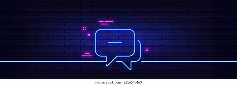 Neon light glow effect. Message line icon. Chat comment sign. Speech bubble symbol. 3d line neon glow icon. Brick wall banner. Message outline. Vector