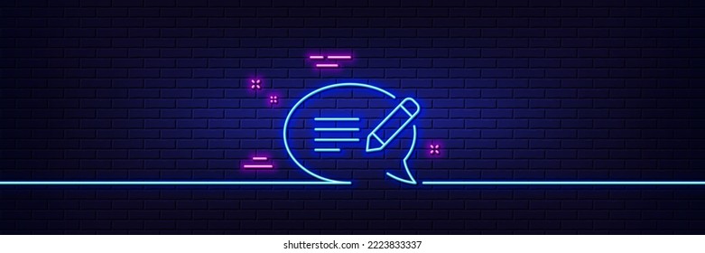 Neon light glow effect. Message chat line icon. Speech bubble sign. Feedback symbol. 3d line neon glow icon. Brick wall banner. Message outline. Vector