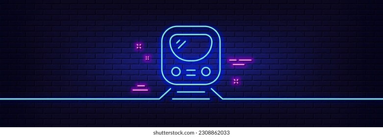 Neon light glow effect. Metro line icon. Subway underground transport sign. Train railway symbol. 3d line neon glow icon. Brick wall banner. Metro outline. Vector