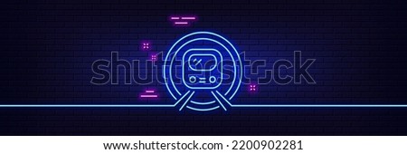 Neon light glow effect. Metro subway transport line icon. Public underground transportation sign. 3d line neon glow icon. Brick wall banner. Metro subway outline. Vector