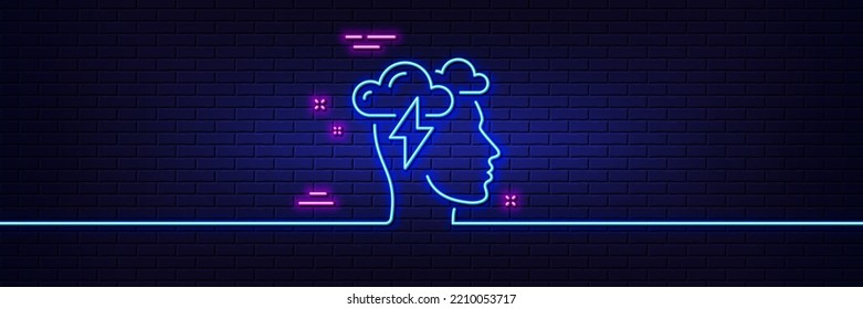 Neon Light Glow Effect. Mindfulness Line Icon. Psychology Sign. Cloud Storm Symbol. 3d Line Neon Glow Icon. Brick Wall Banner. Mindfulness Stress Outline. Vector