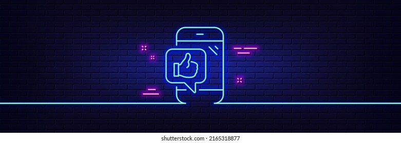 Neon light glow effect. Mobile like line icon. Thumbs up sign. Positive feedback symbol. 3d line neon glow icon. Brick wall banner. Mobile like outline. Vector