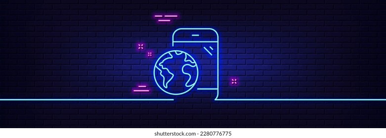 Neon light glow effect. Mobile internet line icon. Online business sign. Phone device symbol. 3d line neon glow icon. Brick wall banner. Mobile internet outline. Vector