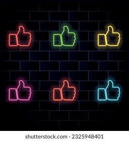 Neon light glow effect. Mobile like line icon. Thumbs up sign. Positive feedback symbol. 3d line neon glow icon. Brick wall banner. Movable as outline. vector. many colors.