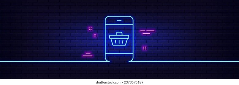 Neon light glow effect. Mobile Shopping cart line icon. Smartphone Online buying sign. Supermarket basket symbol. 3d line neon glow icon. Brick wall banner. Smartphone buying outline. Vector