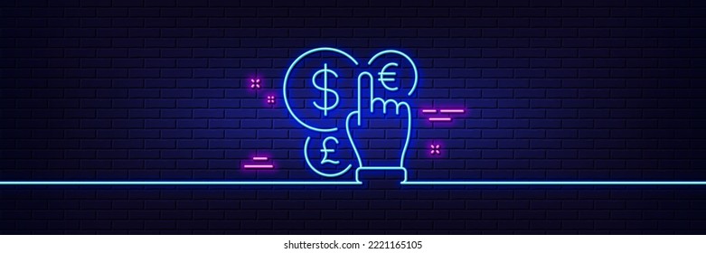 Neonhellgrauer Effekt. Währungssymbol. Geldwechselzeichen. Stockhandelssymbol. 3D-Linie Neonglühsymbol. Brick-Wand-Banner. Geldmengenschema Vektorgrafik
