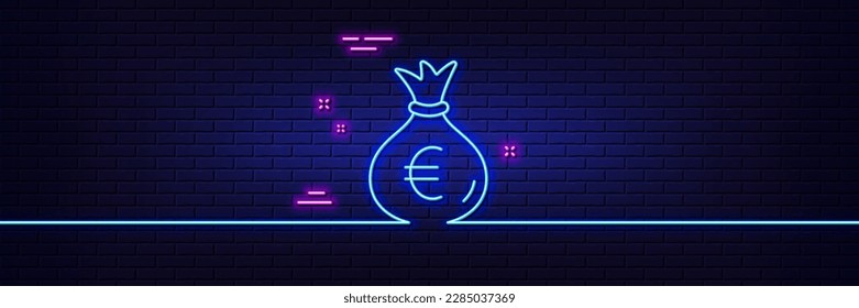 Neon light glow effect. Money bag line icon. Cash Banking currency sign. Euro or EUR symbol. 3d line neon glow icon. Brick wall banner. Money bag outline. Vector