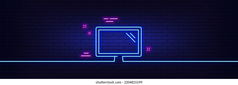 Neon Light Glow Effect. Monitor Line Icon. Computer Component Device Sign. Screen Symbol. 3d Line Neon Glow Icon. Brick Wall Banner. Monitor Outline. Vector