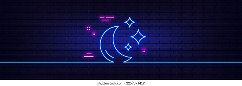 Neon light glow effect. Moon line icon. Sleep rest sign. Night lunar symbol. 3d line neon glow icon. Brick wall banner. Moon outline. Vector