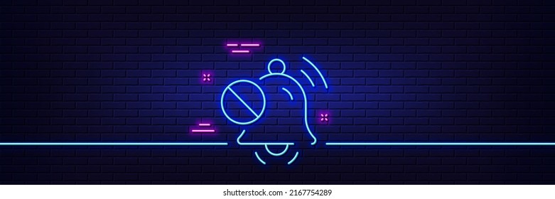Neon light glow effect. Mute sound line icon. Silence bell sign. Turn off music symbol. 3d line neon glow icon. Brick wall banner. Mute sound outline. Vector
