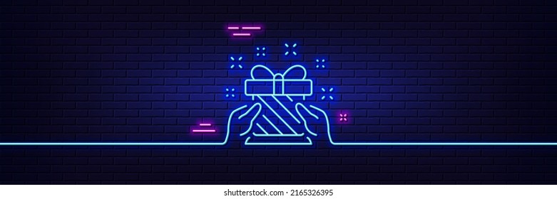 Neon light glow effect. New year present line icon. Christmas gift box sign. Surprise symbol. 3d line neon glow icon. Brick wall banner. Gift outline. Vector
