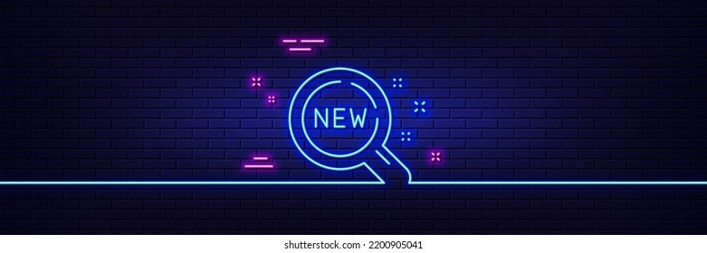 Neon light glow effect. New products line icon. Search sign. Magnifier glass symbol. 3d line neon glow icon. Brick wall banner. New products outline. Vector