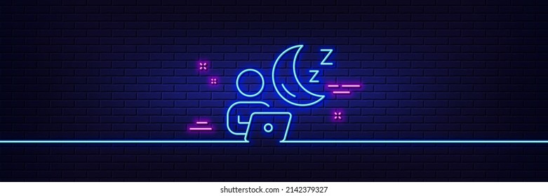 Neon light glow effect. Night shift line icon. Online insomnia sign. Dream office symbol. 3d line neon glow icon. Brick wall banner. Shift outline. Vector