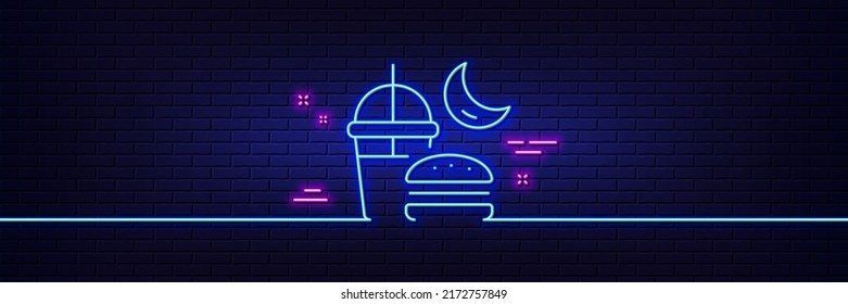 Neon light glow effect. Night eat line icon. Fast food before sleep sign. Gluttony symbol. 3d line neon glow icon. Brick wall banner. Night eat outline. Vector