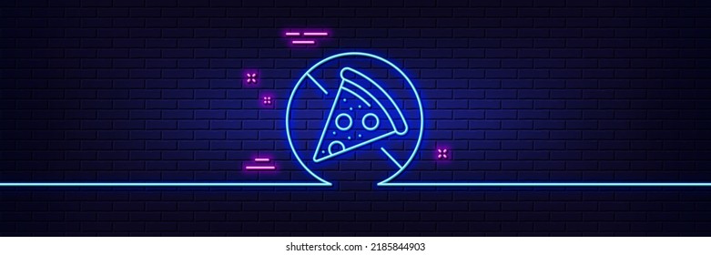 Neon light glow effect. No food allowed line icon. Salami pizza sign. Forbidden food symbol. 3d line neon glow icon. Brick wall banner. Prohibit food outline. Vector