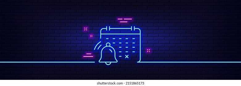 Neon light glow effect. Notification calendar line icon. Bell alarm reminder sign. Alarm clock symbol. 3d line neon glow icon. Brick wall banner. Notification calendar outline. Vector