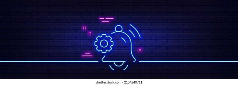 Neon light glow effect. Notification bell line icon. Service alarm reminder sign. Settings message symbol. 3d line neon glow icon. Brick wall banner. Notification bell outline. Vector