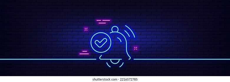 Neon light glow effect. Notification received line icon. Selected reminder sign. Alarm bell symbol. 3d line neon glow icon. Brick wall banner. Notification received outline. Vector