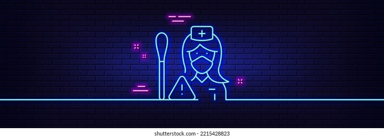 Neon light glow effect. Nurse with Cotton swab line icon. Doctor assistant sign. Face protection symbol. 3d line neon glow icon. Brick wall banner. Nurse outline. Vector