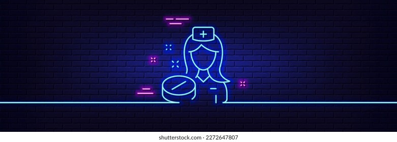 Neon light glow effect. Nurse line icon. Medicine drugs sign. Pharmacy medication symbol. 3d line neon glow icon. Brick wall banner. Nurse outline. Vector