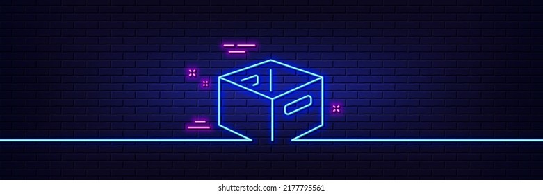 Neon light glow effect. Office box line icon. Delivery parcel sign. Cargo package symbol. 3d line neon glow icon. Brick wall banner. Office box outline. Vector