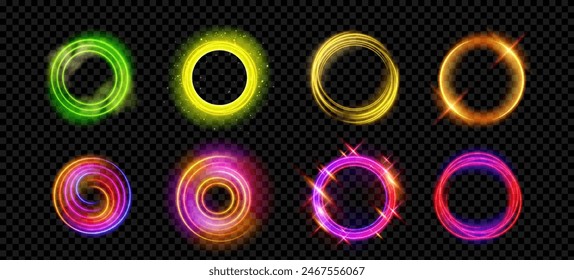 Efecto de resplandor de luz de neón en anillo de halo mágico abstracto. Marco circular futurista 3d en rojo, rosa, verde y amarillo. Haz eléctrico y círculo aura aislado sobre fondo transparente. Fantasía orbe hole