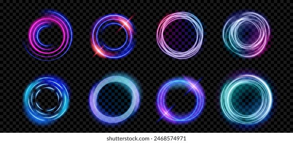 Neonlicht-Glüheffekt auf abstrakten magischen Halo-Ring. 3D futuristischer Rundrahmen in Blau, Rosa, Grün und Lila. Elektrischer Strahl und kreisförmige Aura isoliert auf transparentem Hintergrund. Fantasiekugel