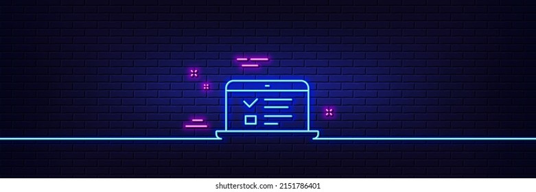 Neon light glow effect. Online Education line icon. Notebook or Laptop sign. Web Presentation or Internet Lectures symbol. 3d line neon glow icon. Brick wall banner. Web lectures outline. Vector