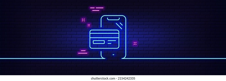 Neon light glow effect. Online shopping line icon. Mobile buying sign. Credit card purchases symbol. 3d line neon glow icon. Brick wall banner. Online shopping outline. Vector