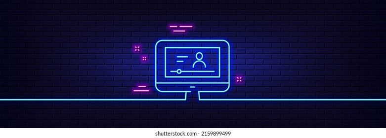 Neon light glow effect. Online Video Education line icon. Computer with Online lecture sign. Web player symbol. 3d line neon glow icon. Brick wall banner. Online video outline. Vector