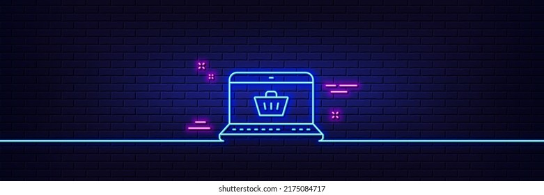 Neon light glow effect. Online Shopping cart line icon. Laptop sign. Supermarket basket symbol. 3d line neon glow icon. Brick wall banner. Online shopping outline. Vector