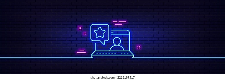 Neon light glow effect. Online rating line icon. Best ranking sign. Social network symbol. 3d line neon glow icon. Brick wall banner. Online rating outline. Vector