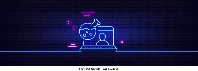 Neon light glow effect. Online chemistry lab line icon. Laboratory flask sign. Analysis symbol. 3d line neon glow icon. Brick wall banner. Online chemistry outline. Vector