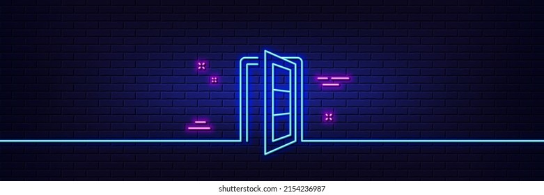 Neon light glow effect. Open door line icon. Entrance doorway sign. Building entry symbol. 3d line neon glow icon. Brick wall banner. Open door outline. Vector