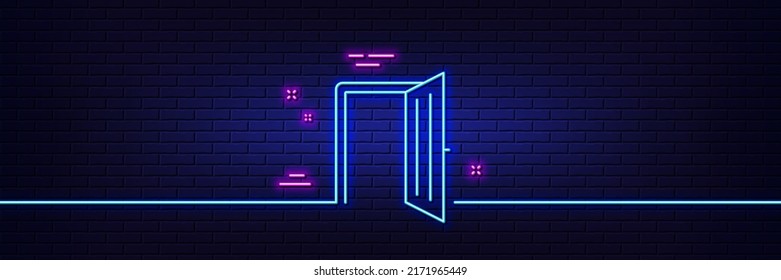 Neon light glow effect. Open door line icon. Entrance doorway sign. Building entry symbol. 3d line neon glow icon. Brick wall banner. Open door outline. Vector