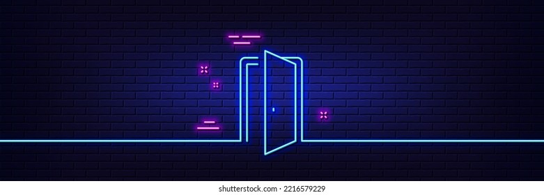 Neon light glow effect. Open door line icon. Entrance doorway sign. Building entry symbol. 3d line neon glow icon. Brick wall banner. Open door outline. Vector