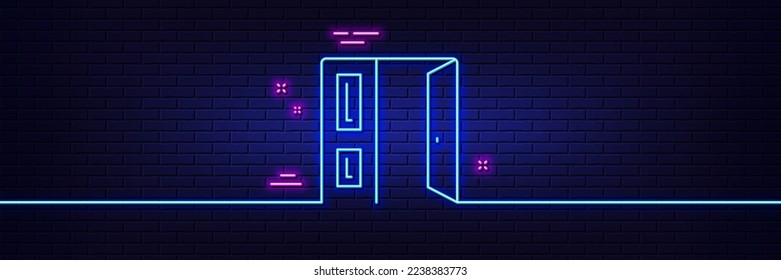 Neon light glow effect. Open door line icon. Entrance doorway sign. Building exit symbol. 3d line neon glow icon. Brick wall banner. Open door outline. Vector