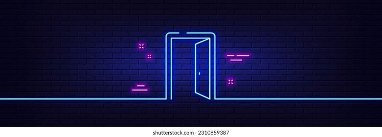 Neon light glow effect. Open door line icon. Entrance doorway sign. Building entry symbol. 3d line neon glow icon. Brick wall banner. Open door outline. Vector