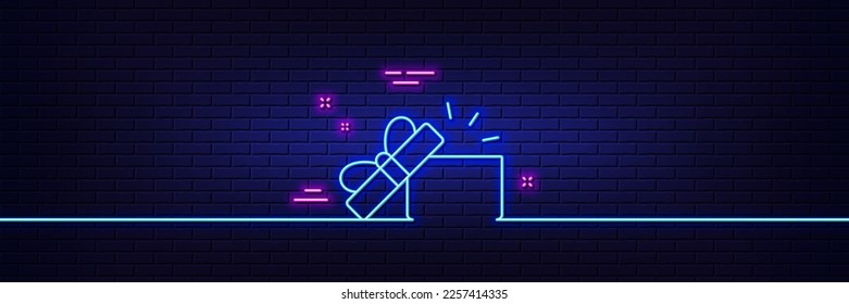 Neon light glow effect. Opened Gift box line icon. Present or Sale sign. Birthday Shopping symbol. Package in Gift Wrap. 3d line neon glow icon. Brick wall banner. Opened Gift outline. Vector