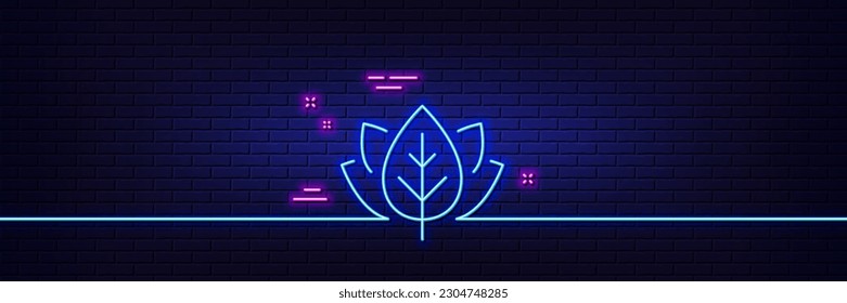 Neon light glow effect. Organic tested line icon. Bio cosmetics sign. Fair trade symbol. 3d line neon glow icon. Brick wall banner. Organic tested outline. Vector