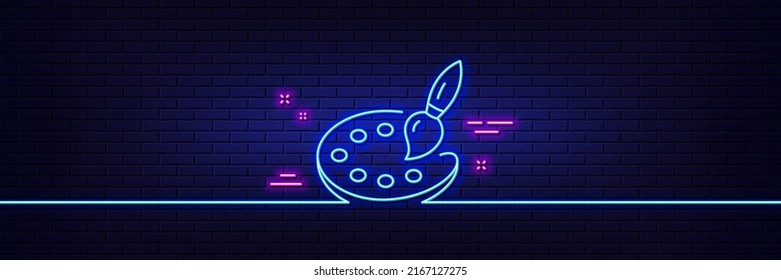 Neon light glow effect. Paint palette line icon. Artist brush sign. Creative drawing art symbol. 3d line neon glow icon. Brick wall banner. Palette outline. Vector