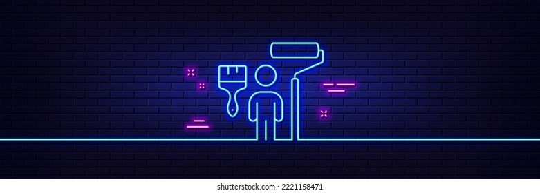 Neon Light Glow Effect. Painter Line Icon. Paint Brush Roller Sign. Professional Artist Symbol. 3d Line Neon Glow Icon. Brick Wall Banner. Painter Outline. Vector