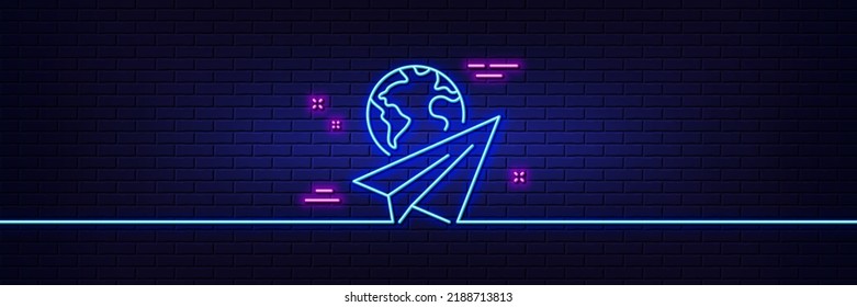 Neon light glow effect. Paper plane line icon. International flight sign. Online travel symbol. 3d line neon glow icon. Brick wall banner. Paper plane outline. Vector