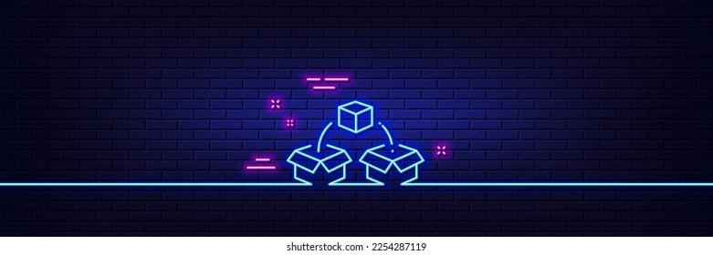 Neon light glow effect. Parcel shipping line icon. Delivery box sign. Cargo package symbol. 3d line neon glow icon. Brick wall banner. Parcel shipping outline. Vector