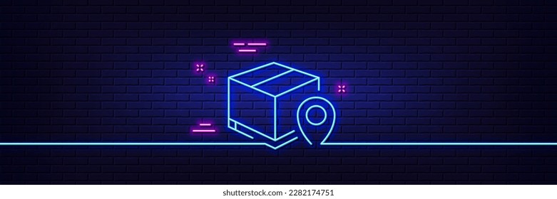 Neon light glow effect. Parcel tracking line icon. Delivery monitoring sign. Shipping box location symbol. 3d line neon glow icon. Brick wall banner. Parcel tracking outline. Vector