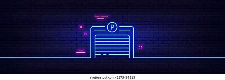 Neon light glow effect. Parking garage line icon. Auto park sign. Car place symbol. 3d line neon glow icon. Brick wall banner. Parking garage outline. Vector