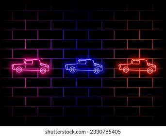 Efecto luminoso neón. Icono de línea de estacionamiento. Señal de estacionamiento automática. Símbolo del lugar de transporte. icono del neon glow. pared de ladrillo. Esbozo de estacionamiento. Vector.