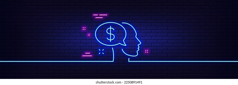 Neon light glow effect. Pay line icon. Think about money sign. Beggar symbol. 3d line neon glow icon. Brick wall banner. Pay outline. Vector